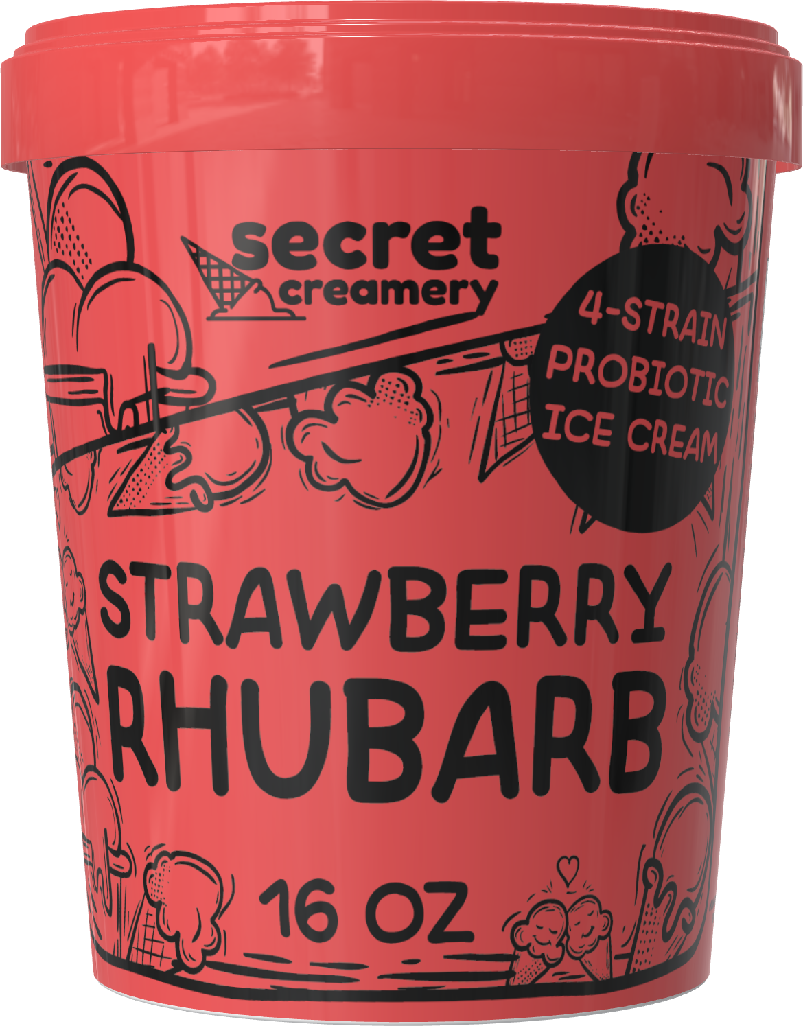 Secret Creamery Strawberry Rhubarb Probiotic 16 oz pint — 4-strain probiotic ice cream