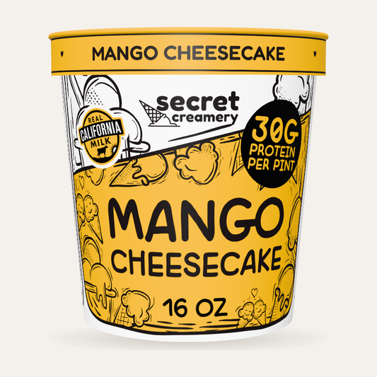 Secret Creamery Mango Cheesecake — High Protein 16 oz pint — high protein ice cream (30g protein) — front